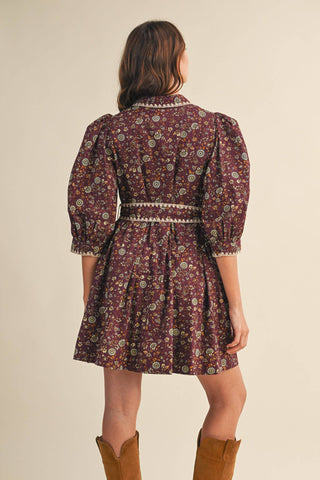 BLANKET STITCH PUFF SLEEVE FLORAL MINI DRESS