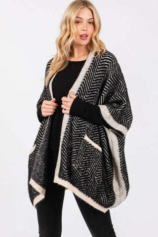 Fuzzy Herringbone Knit Kimono With Pockets