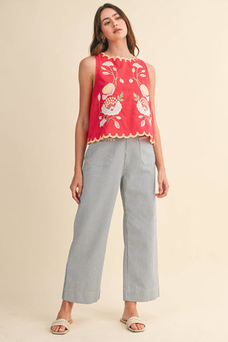 FLORAL EMBROIDERY SCALLOPED TANK