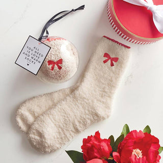 Cozy Socks in Ornament - Blush with Red Bow