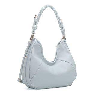 A light blue pebbled leather hobo shoulder bag with a matching knotted rope handle and gold-tone hardware, shown on a plain white background.