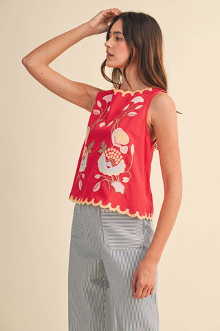 FLORAL EMBROIDERY SCALLOPED TANK