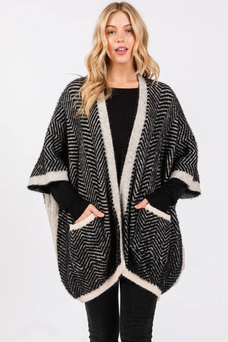 Fuzzy Herringbone Knit Kimono With Pockets