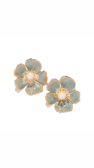 Small Hand Painted Floral Earrings - Dusty Blue