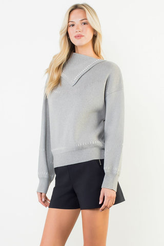 Split Neck Exposed Stitch Sweater
